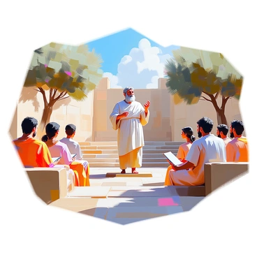 An ancient Greek philosopher with a long beard and wearing a simple tunic stands at the front of an open-air amphitheater, gesturing animatedly as he lectures. He is surrounded by a group of attentive students, both male and female, sitting on stone benches, some taking notes on parchment. The amphitheater is constructed of weathered stone, with steps leading down to the stage area. In the background, there are ancient olive trees and a clear blue sky, providing a natural setting that adds to the educational atmosphere. The expressions of the students reflect curiosity and engagement as they listen to the philosopher's teachings.