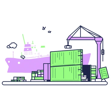A view of a port with multiple shipping containers stacked in an organized arrangement. The containers are positioned in rows, some with open doors, revealing stacks of cargo inside. A crane is visible in the background, raised above a container, ready to lift it. The ground is paved, and there are several cargo pallets scattered around the area. In the distance, a large cargo ship is docked, with its hull partially visible behind the containers. Seagulls can be seen flying overhead.