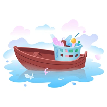 A small fishing boat is floating gently on the water, with a laundry basket placed on one side. The basket is overflowing with colorful fishing nets, ropes, and various supplies. The boat has wooden sides, and the sunlight casts soft reflections on the water around it. A few fishing lures and hooks are scattered near the base of the basket, adding to the scene. In the background, faint outlines of distant hills are visible against a pastel-colored sky.