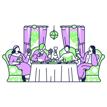 A lavish banquet scene unfolds, featuring multiple citizens reclining on intricately designed couches. Each couch is adorned with ornate patterns and plush cushions. The citizens are dressed in elegant attire, with flowing fabrics and embellishments. They hold clusters of grapes in one hand and goblets of wine in the other, savoring the decadent offerings. In the background, decorative platters filled with various fruits and dishes are displayed on a long table, further enhancing the abundance of the feast. Rich tapestries hang on the walls, adding to the opulent atmosphere of the gathering.