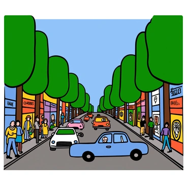 A bustling street scene on the Champs-Élysées, lined with tall green trees and colorful shopfronts. People are walking along the sidewalk, some holding shopping bags, while others are stopping to admire window displays. The sky is clear and blue, complementing the lively atmosphere. A few street performers entertain passersby, adding to the vibrancy of the scene. Cars are moving along the road, showcasing a mix of modern vehicles and classic cars. "Champs-Élysées" is visible on a street sign in the background.