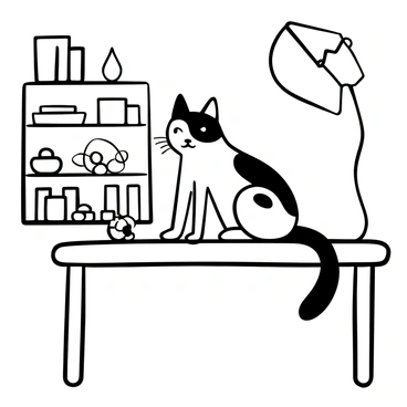 A "Bengal cat" with distinctive spots and stripes is sitting on a "vet’s examination table." The cat's body is tense, and its posture indicates nervousness. There are various veterinary tools, such as a stethoscope and a thermometer, placed on the table beside the cat. A backdrop featuring shelves filled with books and medical supplies is visible behind the table. A light source above casts a soft shadow around the cat.