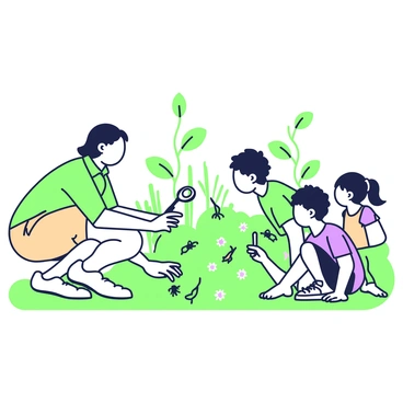 A teacher is leading a group of children on a nature walk through a lush environment. The teacher, wearing a green shirt and beige shorts, is crouching down and pointing towards a cluster of plants. The children, dressed in colorful clothing, are gathered around, attentively looking at various plants and small insects. One child is holding a magnifying glass, examining a bright green leaf closely. Another child is crouching beside a small insect, with curiosity evident on their face. The scene captures the excitement of exploration and discovery in nature.