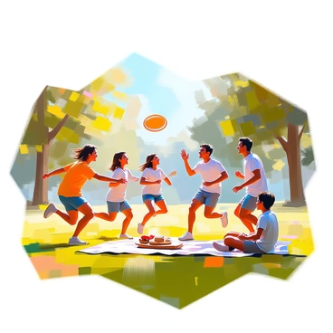 A group of four friends is playing frisbee in a spacious grassy field. The grassy area is a vibrant green, reflecting the sunlight. In the background, tall trees with lush green leaves line the edge of the field, creating a natural border. Two friends are actively running towards each other, their expressions filled with excitement and concentration as they prepare to catch the frisbee. Another friend stands nearby, ready to throw the frisbee with a wide stance. The fourth friend watches, smiling, while seated on a picnic blanket spread out on the grass. The scene captures a lively and joyful moment shared among friends.