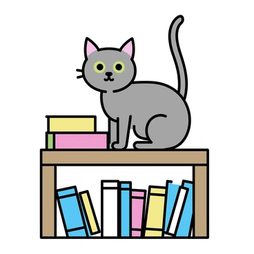 A curious cat with gray fur and bright green eyes is perched atop a wooden bookshelf. The shelf is filled with colorful books, each cover showcasing vibrant designs in red, blue, yellow, and green. The cat is looking down, its tail elegantly curled around its body. Soft light filters in, illuminating the scene and casting gentle shadows on the books. The background is simple, emphasizing the cat and the array of books beneath it.
