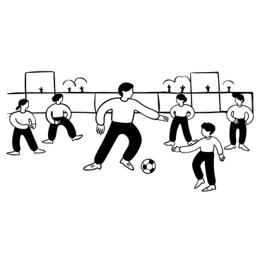 A black-and-white illustration of a soccer field with "Maradona" prominently in the center, demonstrating a skillful dribble. Surrounding him are several young players, wearing jerseys, watching attentively and mimicking his movements. A soccer ball is on the ground near Maradona's feet. In the background, there are goalposts and a few trees lining the edges of the field. A coaching whistle hangs around Maradona's neck, emphasizing his role as a trainer.