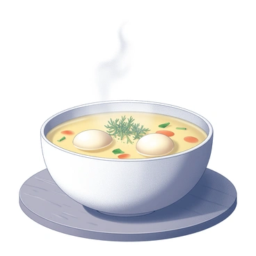 A steaming bowl of matzah ball soup garnished with fresh herbs