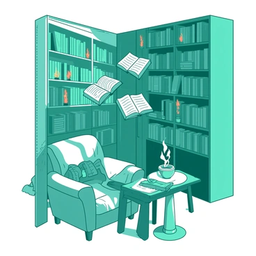A teal book cover features a cozy library scene filled with floating books scattered throughout the space. Soft orange candles are placed on wooden shelves, their warm glow illuminating the surrounding titles. A comfortable armchair sits in the corner, draped with a knitted blanket. A small wooden table beside the chair holds a steaming cup, creating an inviting atmosphere. The walls are lined with tall bookshelves, creating a sense of depth and warmth in the library.