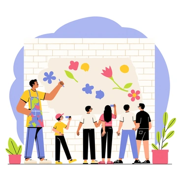 A street artist wearing a colorful paint-splattered apron is painting a large mural on a textured brick wall. The mural features vibrant flowers and abstract shapes in various shades of blue, red, and yellow. A small group of people stands in front of the artist, watching intently. The audience consists of three individuals: a child with a bright red cap, a woman with long black hair holding a camera, and a man with glasses wearing a white t-shirt. In the background, there are a few potted plants and a clear blue sky above.