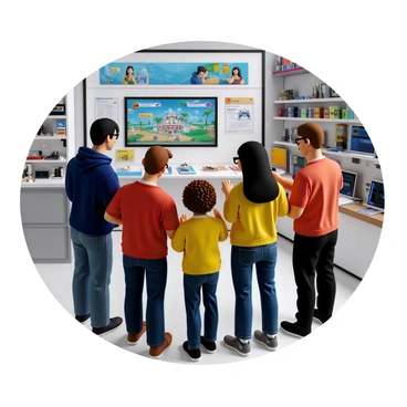 Customers in a technology store are engaged in playing an interactive game on a large touchscreen display. There are four individuals, two men and two women, gathered around the screen, each person showing excitement and focus. One man has short black hair and is wearing a blue hoodie. A woman next to him has curly brown hair and is wearing glasses, intently tapping on the screen. The second man has light brown hair and is wearing a red t-shirt, leaning forward to get a better view. The other woman has long straight black hair and is wearing a yellow sweater, smiling as she interacts with the game. The store is filled with various tech gadgets and vibrant displays, creating a lively atmosphere.