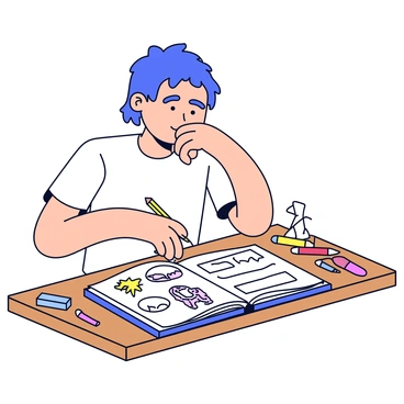 An artist sitting at a wooden table, thoughtfully looking down at their open sketchbook. The sketchbook is filled with various illustrations, showing diverse styles and subjects, including landscapes, portraits, and abstract designs. The artist has short hair and wears a simple shirt. They have a pencil in one hand while their other hand rests on the page, tracing the outlines of a drawing. The surrounding space includes art supplies like colored pencils and erasers scattered across the table. A light source casts soft shadows, enhancing the atmosphere of contemplation.