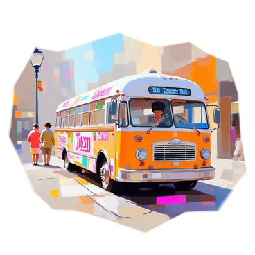 An old bus, showcasing a vivid array of retro advertisements from the 1960s, is parked against a backdrop of a bustling city street. The bus is adorned with bright colors and playful fonts, displaying slogans and images that evoke the spirit of the era. Its weathered exterior has accumulated patches of rust, adding character to its aged appearance. Surrounding the bus, sunlit pavement reflects its vibrant hues, while nostalgic elements like vintage lampposts and pedestrians dressed in period clothing enhance the lively atmosphere.