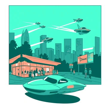 A teal retro-futuristic city skyline is illuminated by vibrant orange neon lights. Vintage flying cars in various shapes and sizes are soaring through the sky, leaving trails of light behind them. The buildings feature a mix of curved and angular designs, showcasing a blend of old and new architectural styles. Streets below are bustling with people dressed in retro outfits, and there are bright orange billboards displaying advertisements. In the foreground, a teal hover car is parked beside a vintage diner with glowing orange signage.