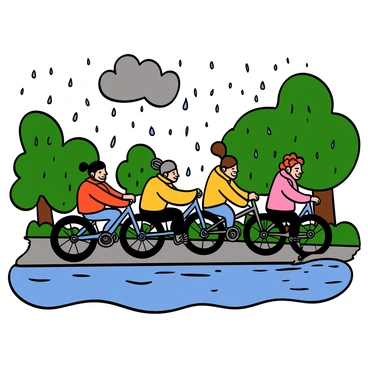 A group of cyclists wearing colorful rain jackets is racing through a park on a rainy day. The cyclists are splashing through large puddles on the path, creating arcs of water around them. Each cyclist has unique features; one has short black hair, another has long red hair tied back, and a third has curly brown hair. They are focused on the race, showing determination on their faces. The background features leafy green trees and a gray sky filled with clouds, typical of a rainy day.