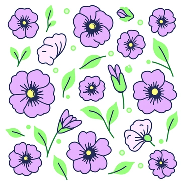 A repeating pattern design showcases "pansy flowers" arranged in a grid layout. Each flower has distinct petal shapes and varying sizes, with intricate details and textures on the petals. Surrounding the flowers, there are "leaves" with smooth edges, positioned alternately to fill empty spaces. The overall composition creates a harmonious arrangement, with a rhythmic flow that allows the eye to move seamlessly across the pattern.