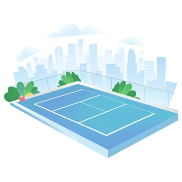 A padel court is situated on a rooftop, surrounded by a sleek glass railing. The court features a bright blue playing surface with white boundary lines. In the background, a panoramic view of the city skyline is visible, showcasing a mix of modern skyscrapers against a clear sky. Lush green plants are positioned along the edges of the rooftop, adding a touch of nature to the urban setting. The scene captures a vibrant atmosphere with sunlight illuminating the court and the cityscape.