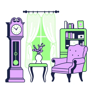 A cozy room is filled with various antique furniture pieces. In one corner stands a tall grandfather clock with ornate carvings and a pendulum swinging gently. Nearby, a vintage chair is upholstered in rich fabric, featuring intricate patterns and curved wooden legs. A small side table next to the chair is adorned with a decorative vase holding dried flowers. On the opposite wall, there is a wooden bookshelf filled with leather-bound books and several framed photographs. Soft light filters through a lace curtain, illuminating the warm hues of the room.