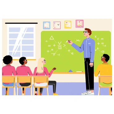 A cartoon-style illustration of a teacher standing in front of a green chalkboard, actively writing mathematical equations with white chalk. The teacher has short brown hair and is wearing glasses, dressed in a blue shirt and black pants. In the classroom, there are several rows of desks filled with diverse students who are looking at the teacher with focused expressions. The students include a boy with curly black hair wearing a red shirt, a girl with long straight blonde hair wearing a pink dress, and another student with glasses and a yellow sweater. The classroom is adorned with colorful educational posters on the walls and has a large window letting in sunlight.