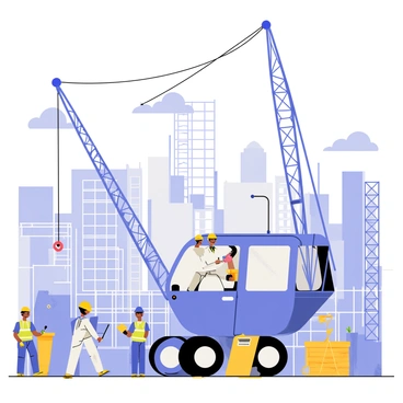 A woman wearing a bright yellow hard hat is seated in the operator's cabin of a large blue crane. The crane is positioned on a bustling construction site filled with various machinery and equipment. In the background, there are several partially constructed buildings with scaffolding. Workers in safety vests and hard hats are seen moving around, carrying materials and monitoring equipment. The sky above is clear with a few fluffy white clouds, adding a sense of activity to the scene. The woman appears focused and determined as she operates the controls of the crane.