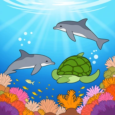 A vibrant underwater scene filled with diverse marine life. Two playful dolphins swim gracefully, their smooth bodies glistening in sunlight filtering through the water. A large green sea turtle glides nearby, its shell adorned with intricate patterns. Surrounding them, a coral reef bursts with colors, showcasing various coral formations in shades of orange, pink, and purple. Schools of small, brightly colored fish dart around the reef, adding to the lively atmosphere. Bubbles rise from the dolphins as they swim, creating a dynamic feel in the scene. The water is clear and bright, enhancing the overall vibrancy of this underwater habitat.