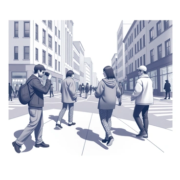 A street style photographer positioned at a bustling city intersection. The photographer is actively focusing on a group of individuals wearing trendy outfits. Each person showcases distinct fashion elements, including oversized jackets, patterned trousers, and unique accessories. In the background, urban architecture creates a dynamic environment, with tall buildings and storefronts lining the streets. The scene captures the energy of city life, as pedestrians move in various directions, some glancing towards the camera while others continue on their way.