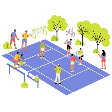 A community tennis court surrounded by green trees and bushes. The court features a bright blue surface with white lines marking the boundaries. A group of diverse neighbors, including men and women of various ages, are engaged in a friendly match, wearing colorful athletic clothing. Some individuals are seated on nearby benches, chatting and enjoying refreshments. A small cooler filled with drinks is placed on the side. In the background, a playground can be seen, along with a few bicycles parked near the court, emphasizing the lively atmosphere of socialization and community interaction.