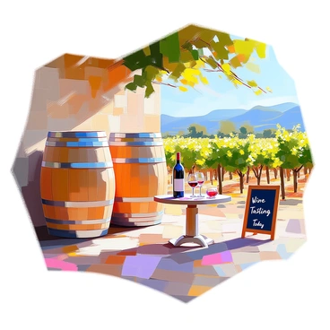 A charming winery in Mallorca featuring several large wooden barrels stacked against a rustic stone wall. In the foreground, a small table is set up for a wine tasting, with an open bottle of red wine and an array of crystal glassware. Lush green vines can be seen in the background, stretching across the gently rolling hills under a clear blue sky. Sunlight filters through the leaves, casting dappled shadows on the ground. A small chalkboard sign reads "Wine Tasting Today" in elegant script.