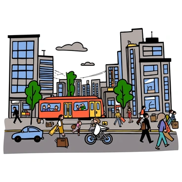 A modern tram with a sleek design and large windows is moving along a busy street in Berlin. The tram is painted in vibrant colors, and its doors are open, showing passengers inside. Surrounding the tram are various people walking hurriedly along the sidewalks, some carrying briefcases and others using mobile phones. Tall buildings line the street, showcasing a mix of glass and concrete structures, with shops and cafes visible on the ground level. The sky is slightly overcast, adding a touch of gray to the bustling urban scene. Traffic can be seen with cars and bicycles navigating the road alongside the tram.