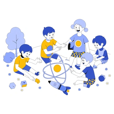 Children in playful outfits playing with atomic-themed toys in a sunny backyard.