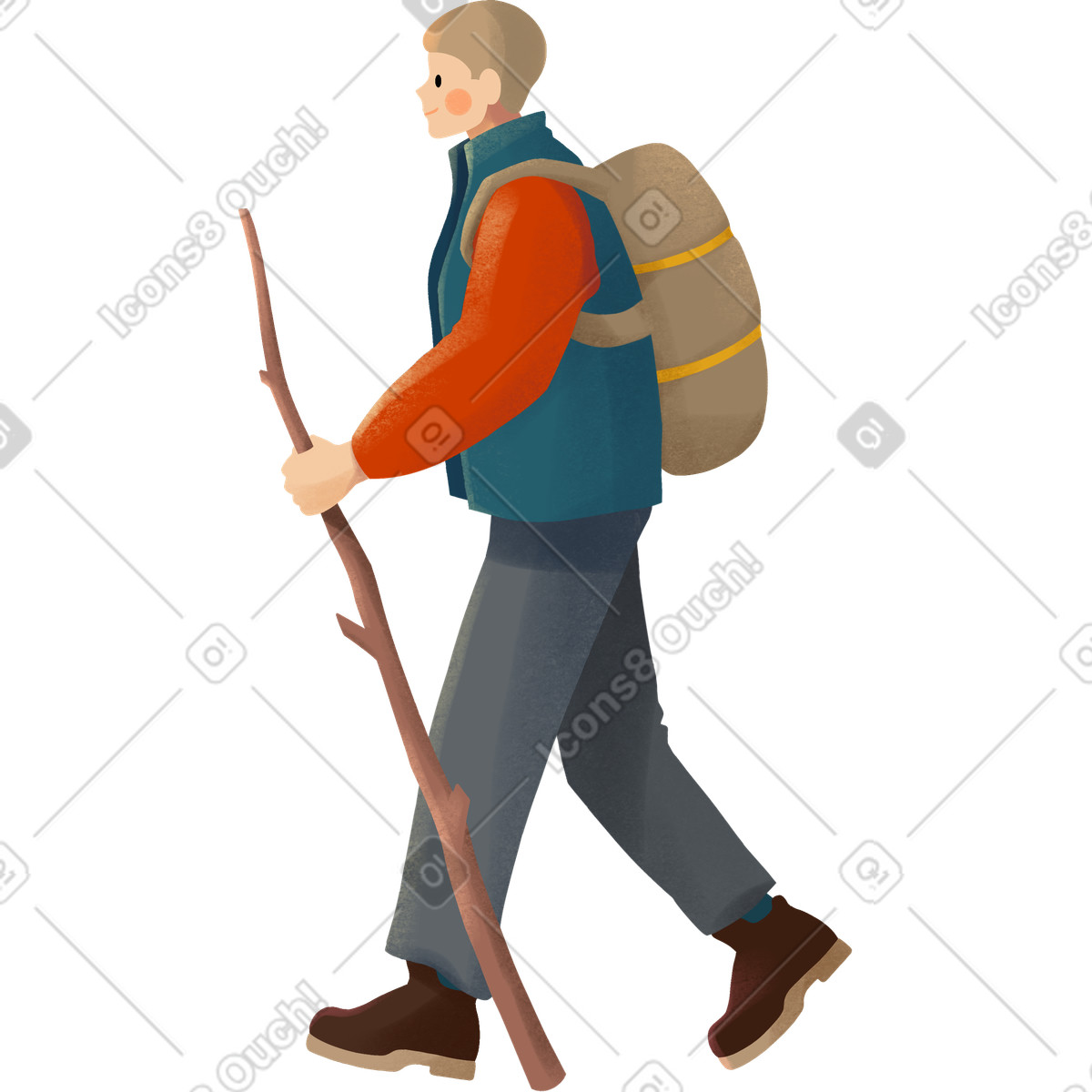 Illustration Jeune homme en pull vert foncé avec sac à dos kaki randonnée dans le style Shine télécharger aux formats PNG, SVG
