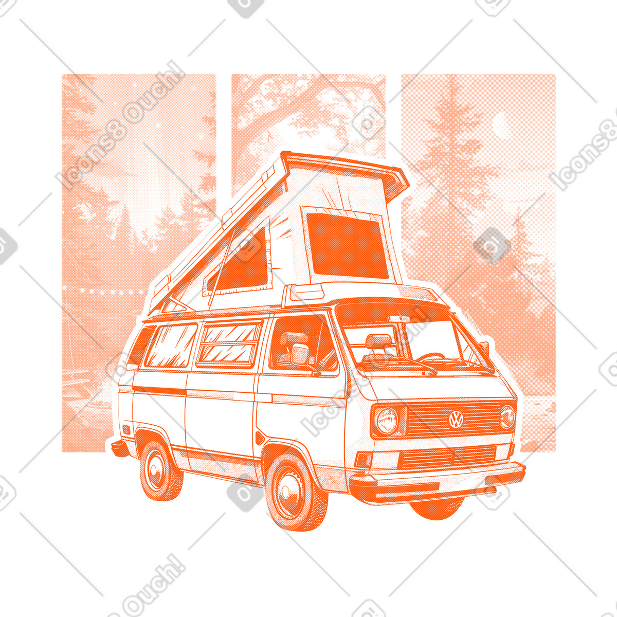Campervan parked in the woods illustration Halftone style download PNG, SVG