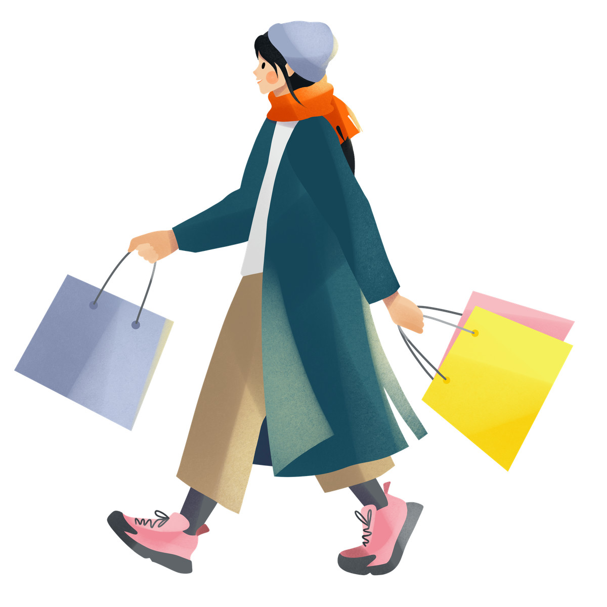 Shine 스타일의 Young woman walking after shopping 애니메이션 일러스트레이션 GIF, Lottie(JSON), AE로 다운로드
