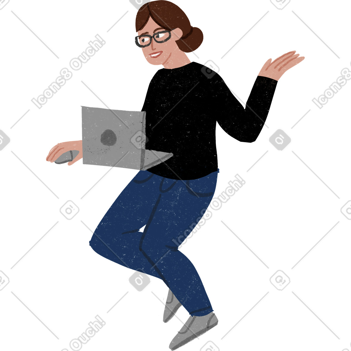 Ilustración Woman in glasses sitting with a laptop and talking en estilo Public descargar en PNG y SVG