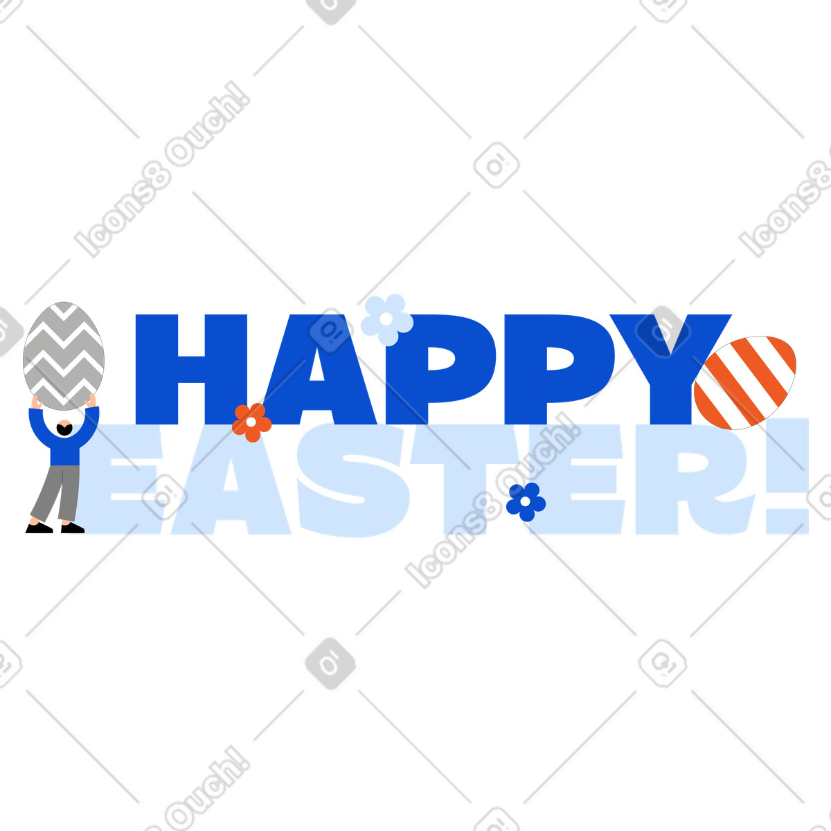 Иллюстрация Happy Easter lettering with decorated eggs and flowers в стиле Tiny — скачать в форматах PNG, SVG