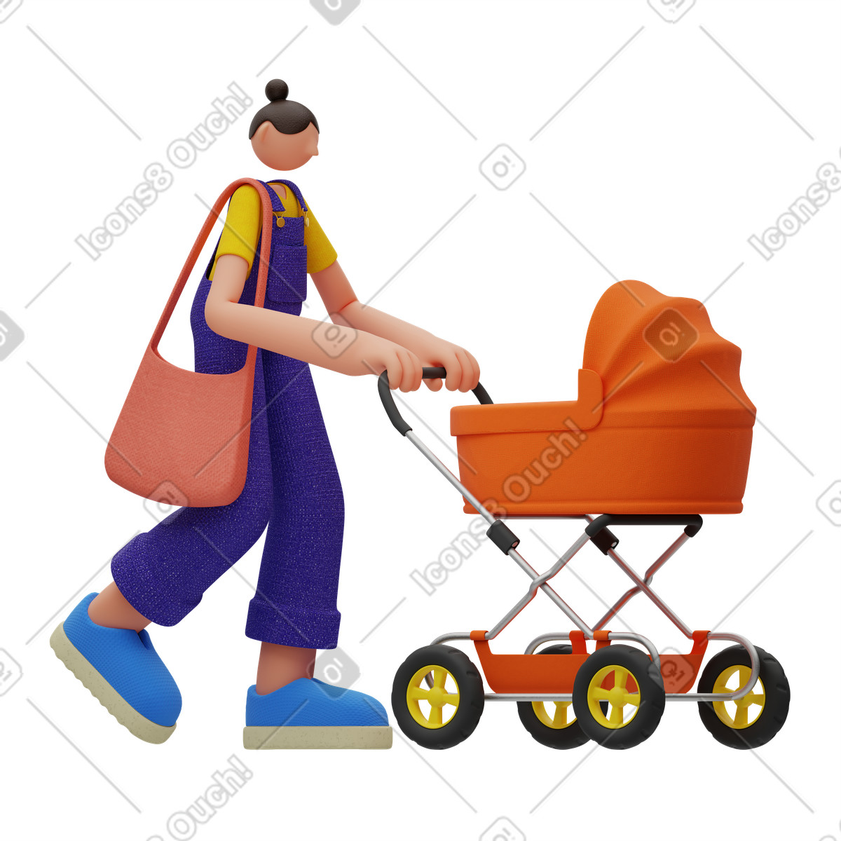 Mother walking with baby stroller animated illustration in 3D Rondi style download in GIF, Lottie (JSON), AE