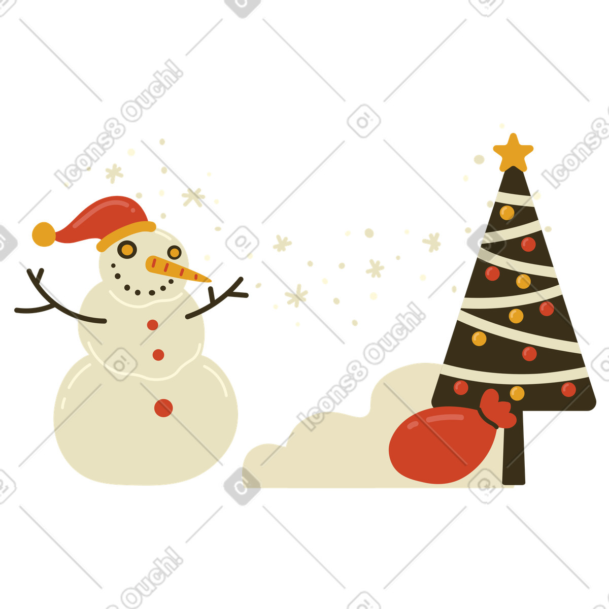 A snowman next to Christmas tree illustration in Arabica style download in PNG, SVG