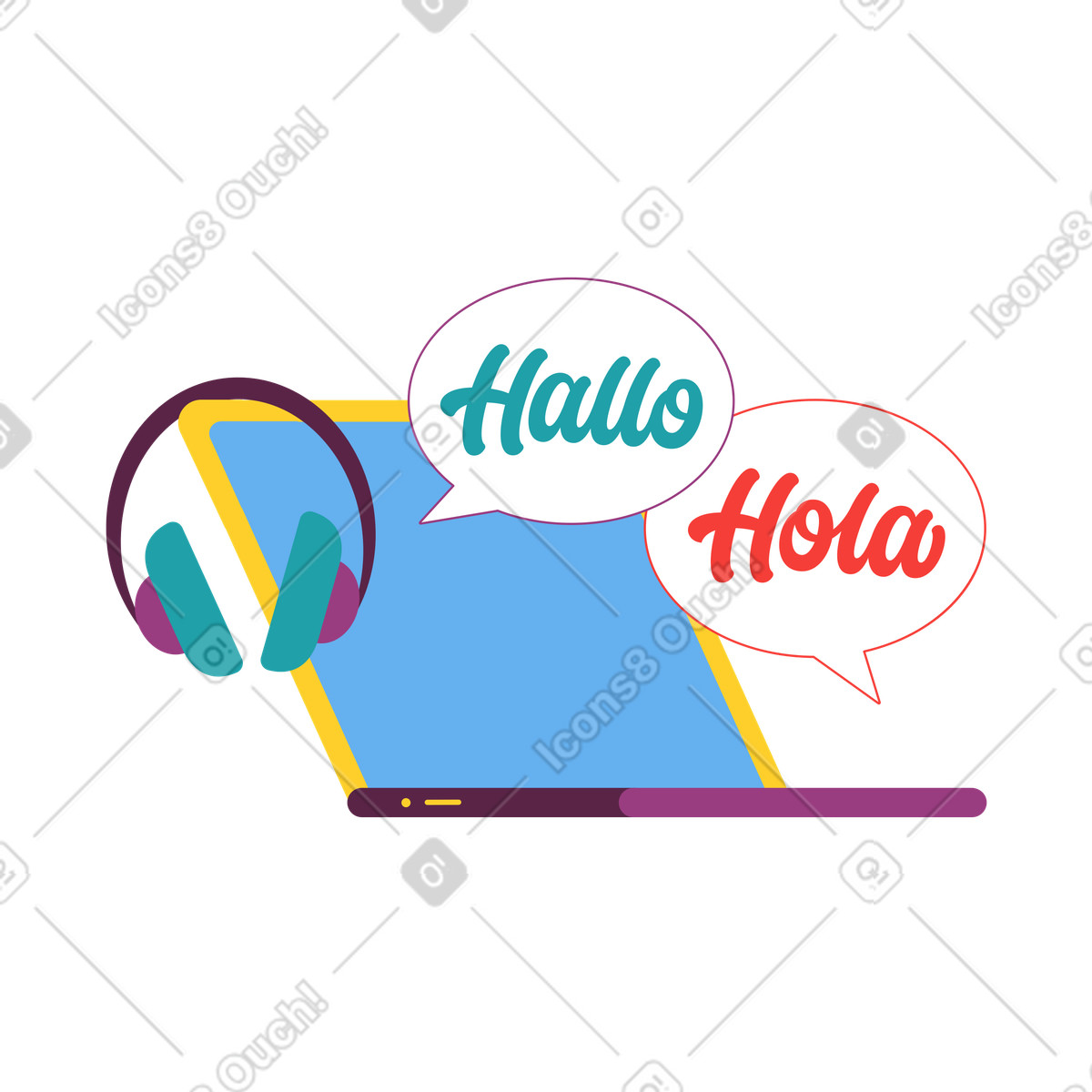 Online language courses, E-learning for language acquisition illustration in Sammy style download in PNG, SVG