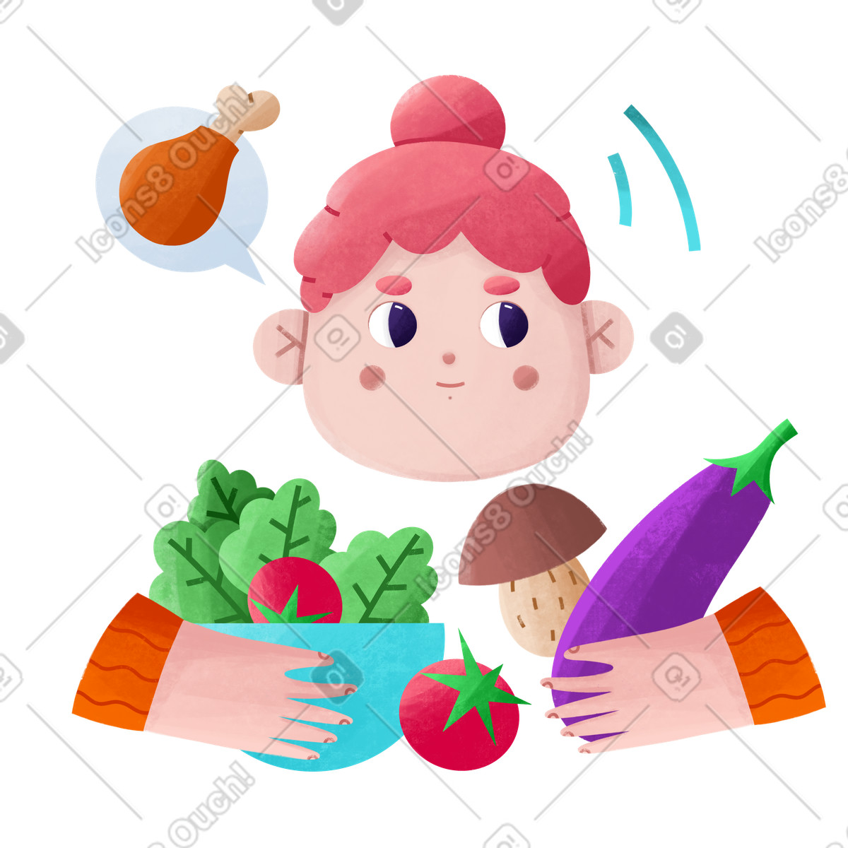 下载 Bonbon 风格的 Girl cooking a salad but dreaming about meat 插画，支持 PNG、SVG 格式