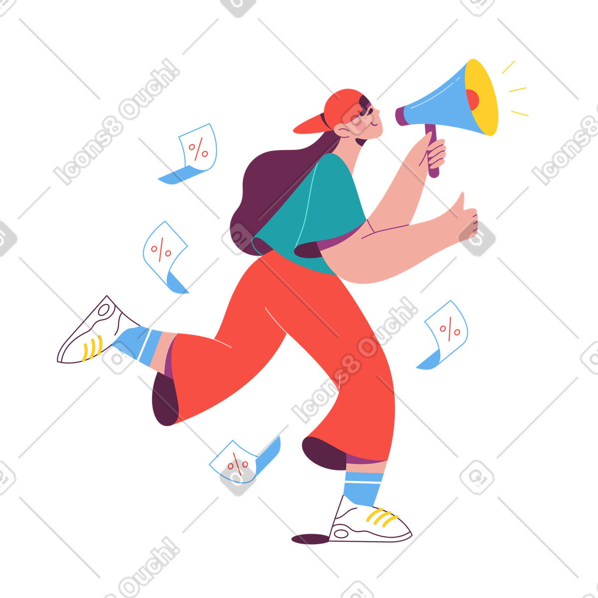 下载 Sammy 风格的 Promoter with megaphone and discount flyers, marketing campaign announcement 插画，支持 PNG、SVG 格式