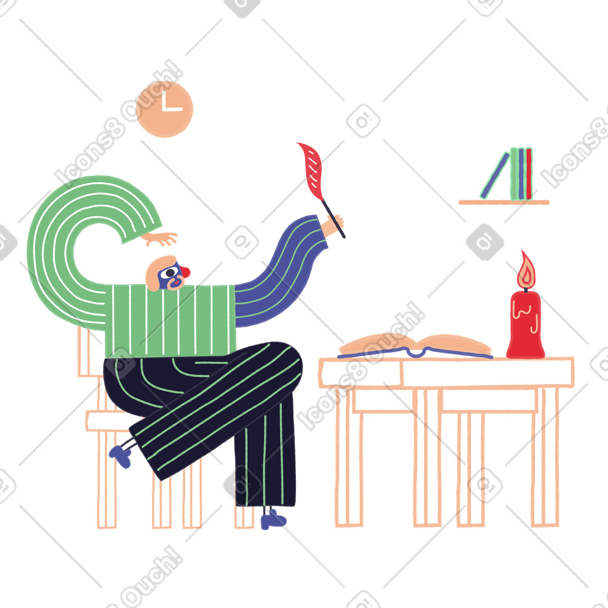 Schriftsteller arbeitet spät in der nacht an einem buch-Illustration im Stripy-Stil als Download PNG, SVG
