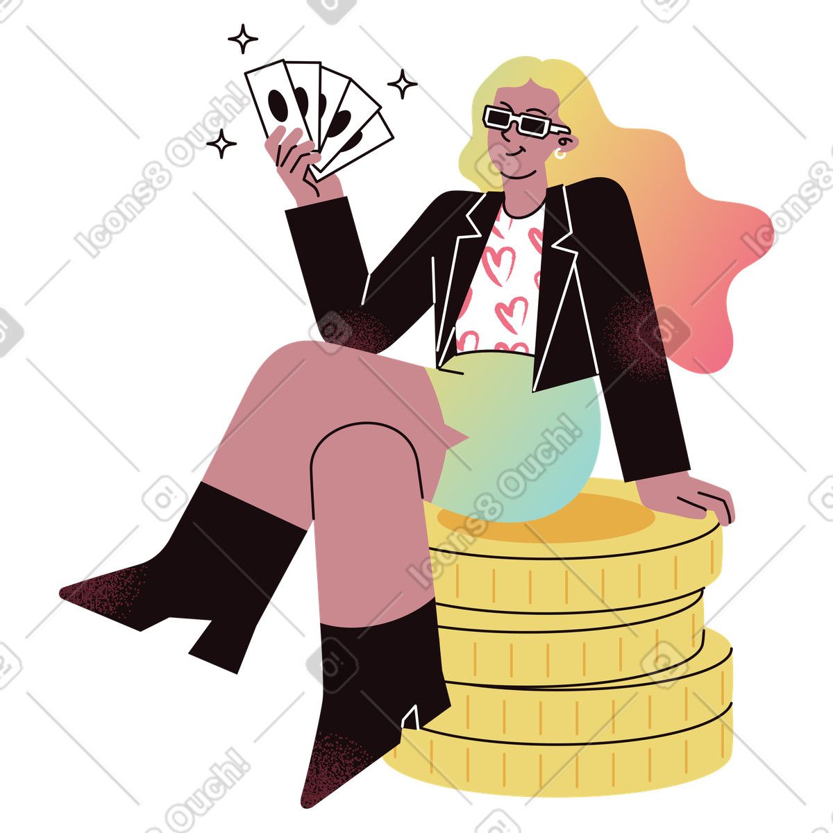 Happy investor displaying cash illustration ambition clipart graphic showing success