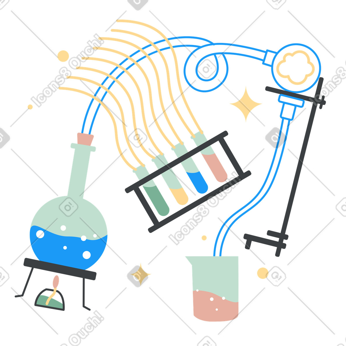 Laboratory setup with bubbling flask, Educational chemistry activities illustrazione in stile Kiddo scarica in PNG, SVG