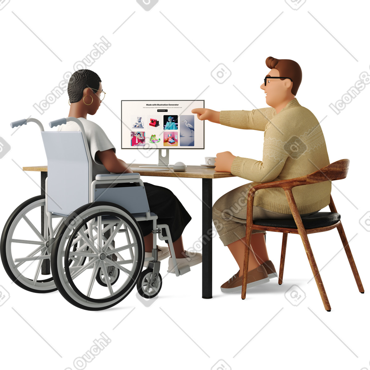 Young man and woman discussing a work project illustration clipart graphics and vector