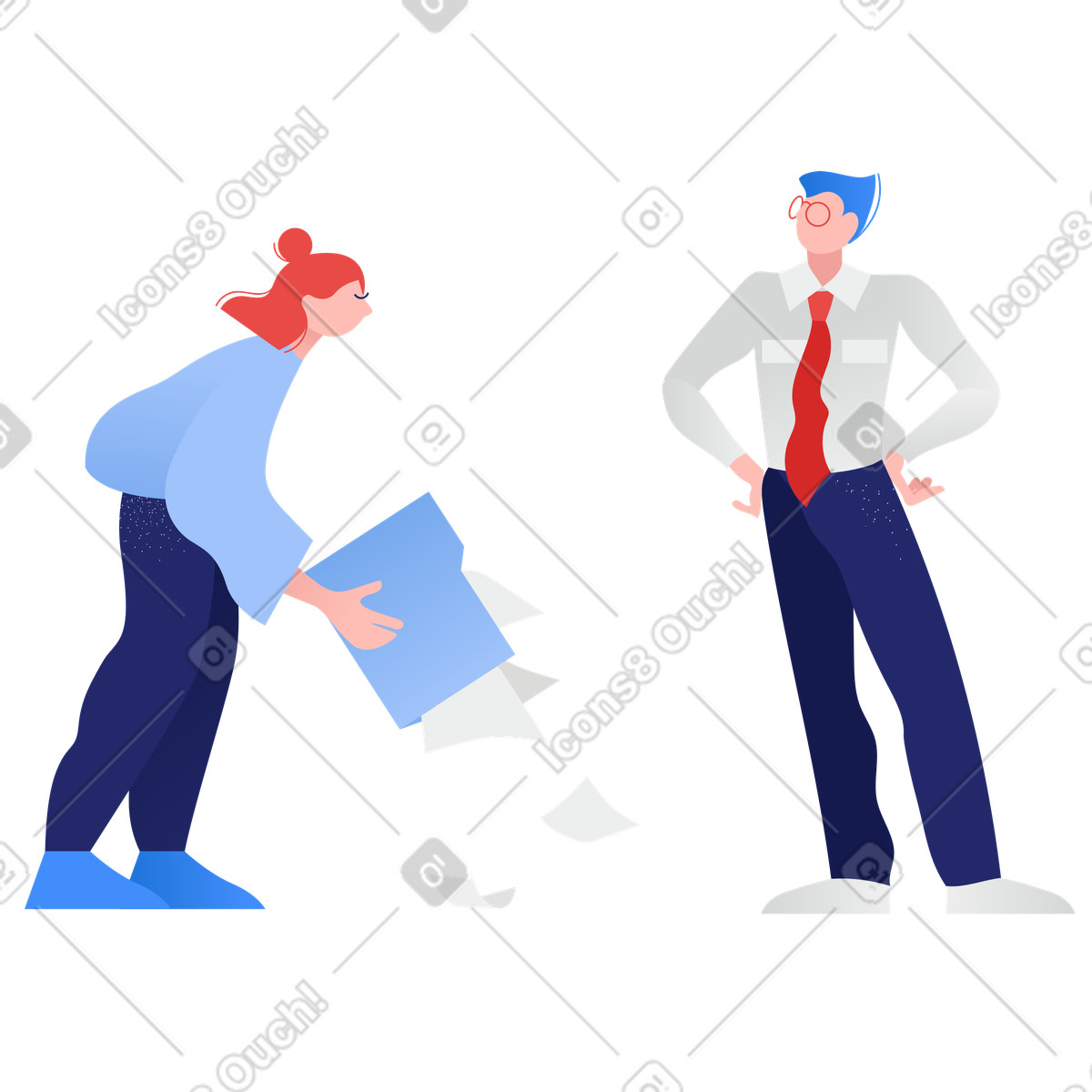 Frau lässt dokument vor chef fallen-Illustration im Clip-Stil als Download in PNG, SVG