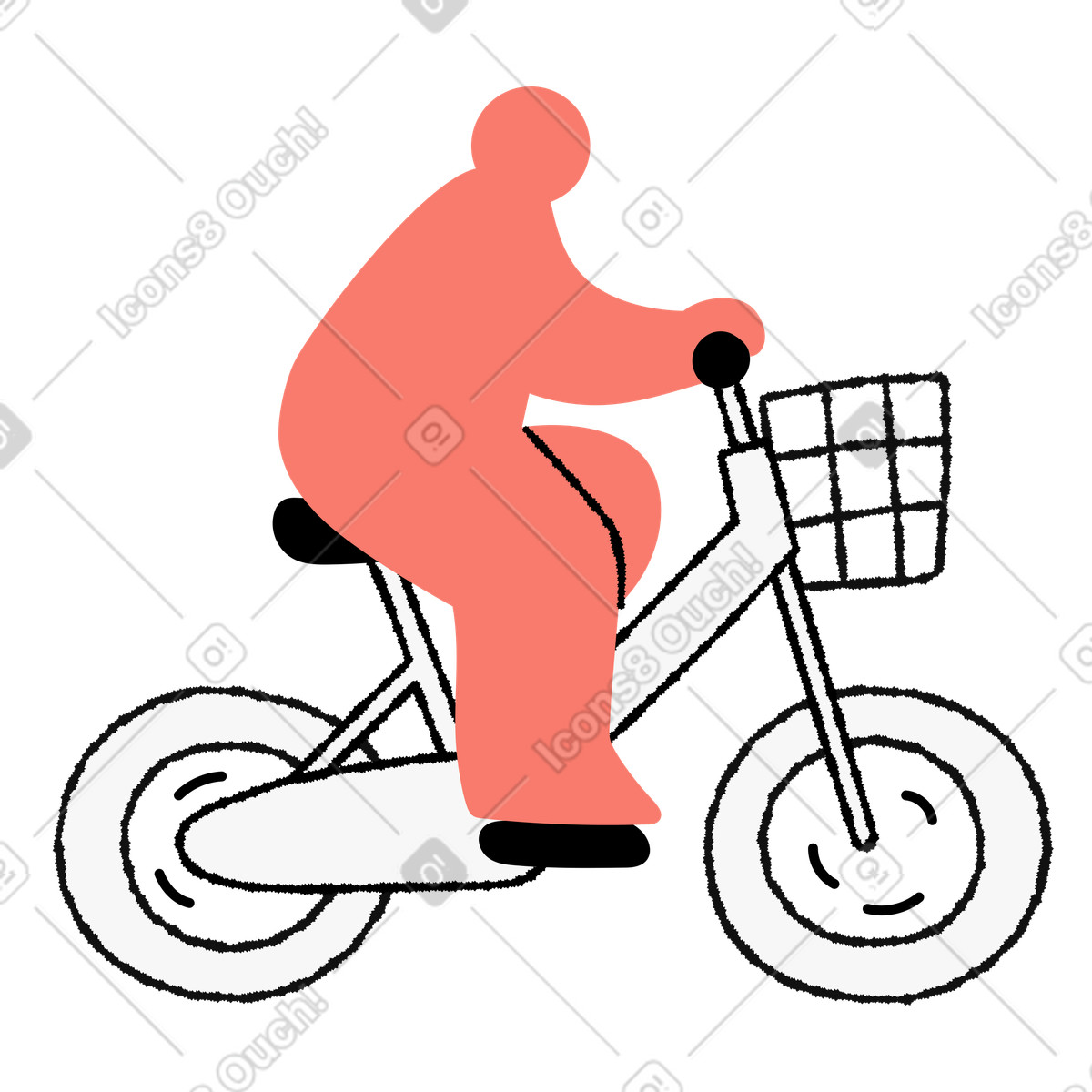 Ilustración Bicycle rider pedaling with front basket and simple minimal outline wheels en estilo Bold People a descargar en PNG y SVG