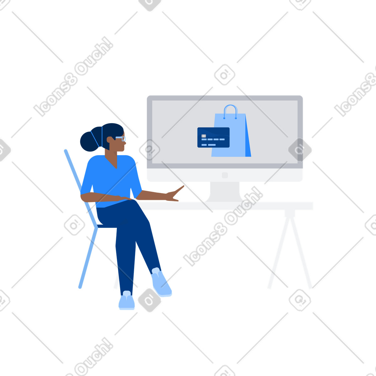 Donna seduta davanti al pc che fa shopping online illustrazione in stile Urban scarica in PNG, SVG