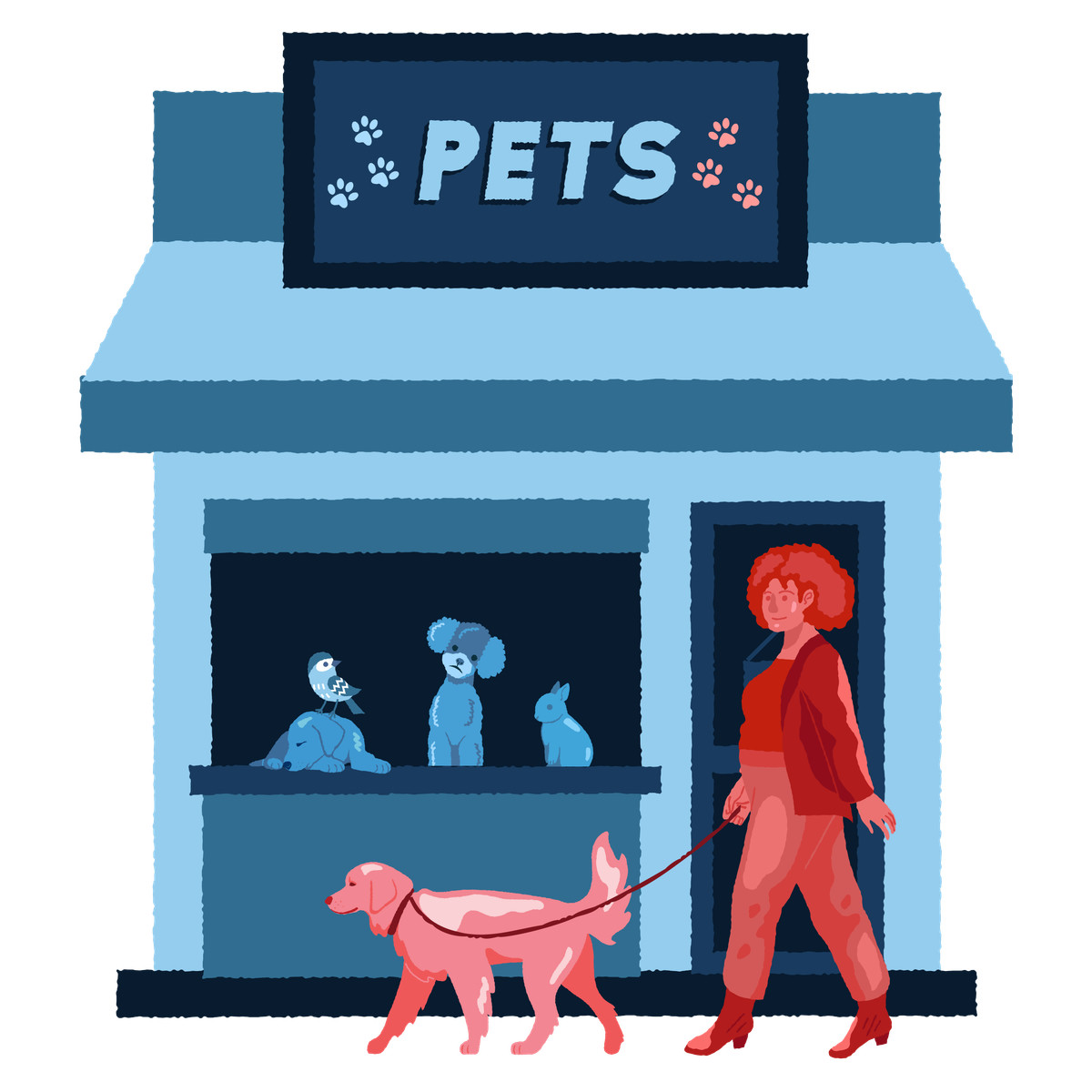Woman walking her dog near a pet store illustration in Cherry style download in PNG, SVG