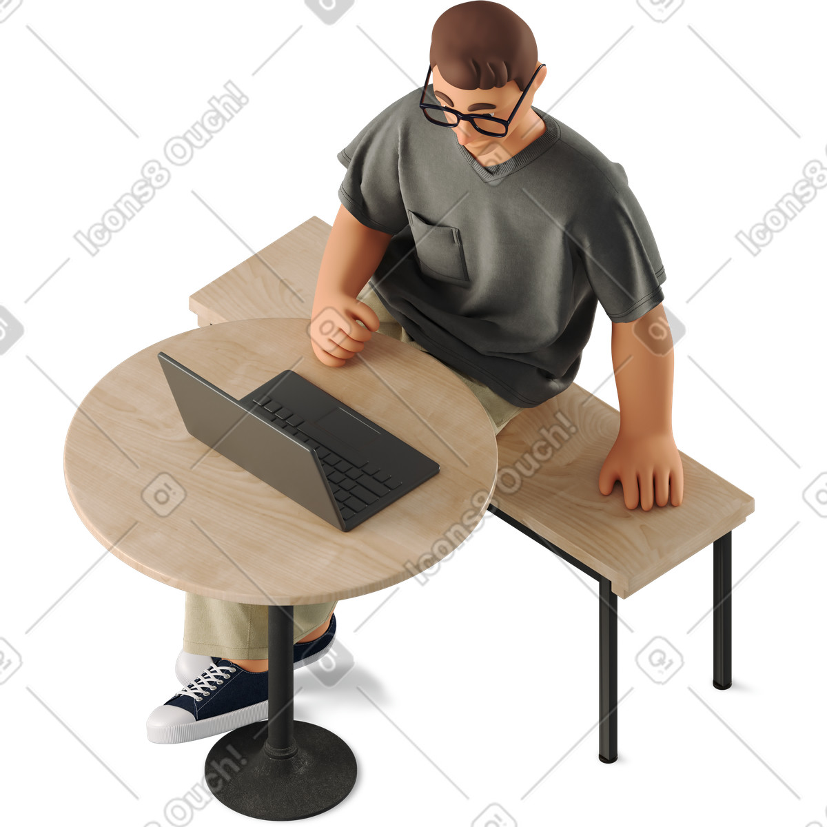 Young man sitting and working with laptop-Illustration im 3D Business-Stil als Download in PNG, SVG