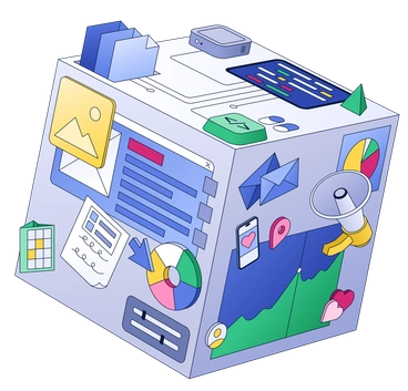 A cube covered in business-related icons - Neat style illustration