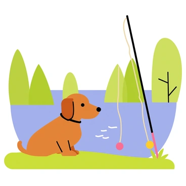 A dachshund with a smooth brown coat is sitting patiently on a grassy bank. The dog has its ears perked up and a focused expression as it looks out over the calm water of the lake. Next to the dachshund, a fishing rod is propped upright in the ground, with a colorful bobber floating gently on the surface of the water. Surrounding the lake are tall green trees and a clear blue sky, creating a peaceful atmosphere. Small ripples can be seen on the water's surface, reflecting the sunlight.
